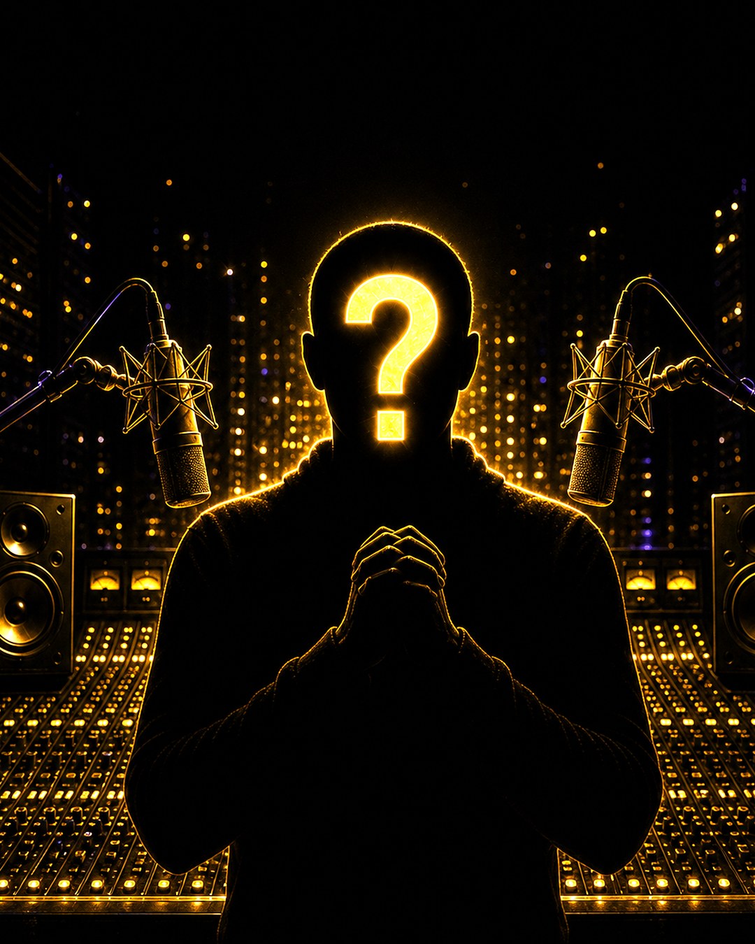 A silhouette at the lit mixing console in the HOME studio, hands clasped, a glowing gold question mark where the face would be, studio microphones angled in from either side